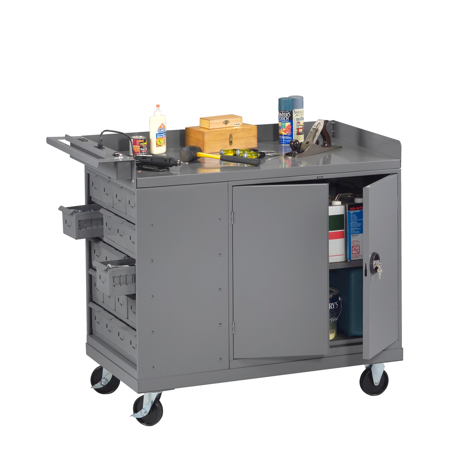 MB-4-2545-scaled-1.jpg Tennsco (MB-4-2545) Mobile Workbench with 2 Door Cabinet and 20 Bins - Image 1