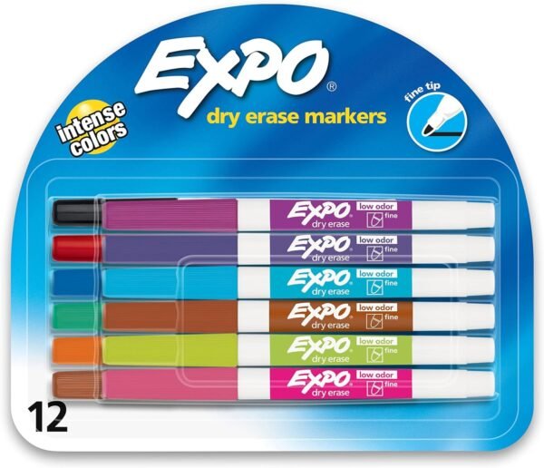 EXPO 86603 Low Odor Dry Erase Markers- Fine Tip- Assorted Colors 12 Count