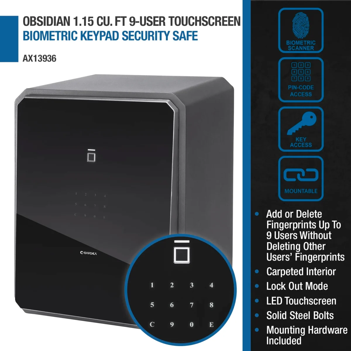 BARSKA (AX13936) Obsidian 1.15 Cu. ft 9-User Touchscreen Biometric Keypad Security Safe - Image 4