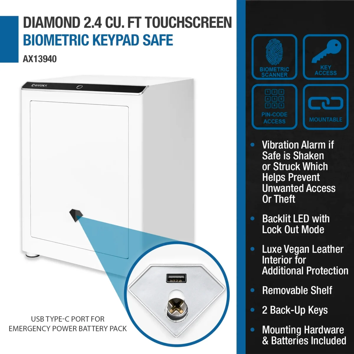 BARSKA (AX13940) Diamond 2.4 Cu. ft Touchscreen Biometric Keypad Security Safe - Image 6