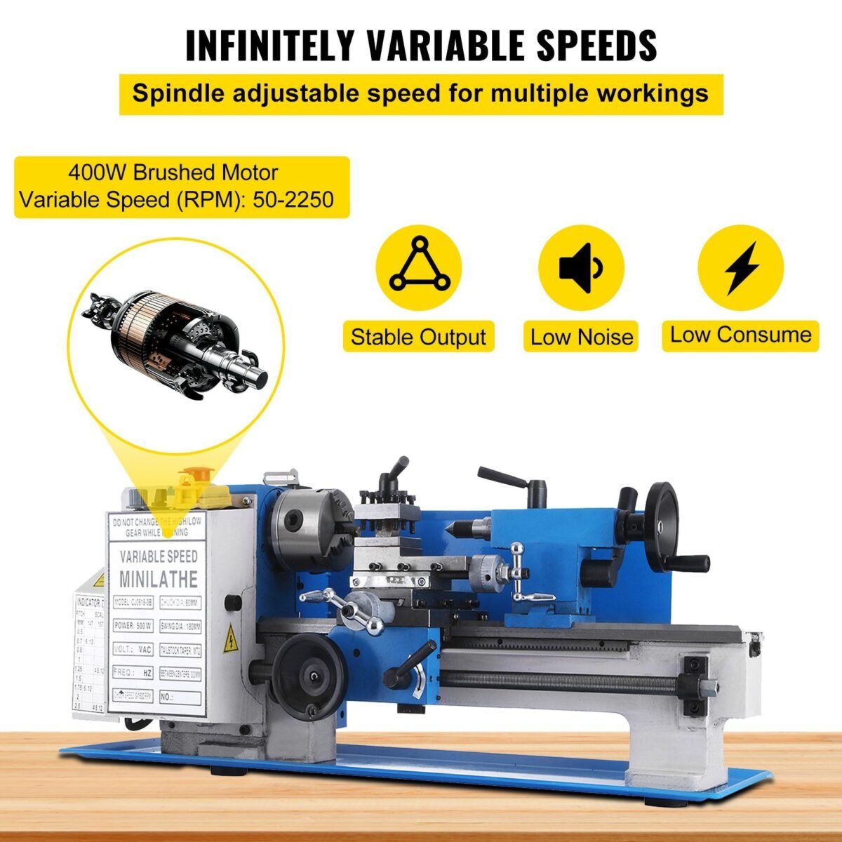VEVOR Metal Lathe 7 x 12 Inch, Precision Mini Metal Lathe 2250 RPM 400W Variable Speed, Mini Lathe Precision Bench Top Metal Working Lathe for Various Types of Metal Turning - Image 10