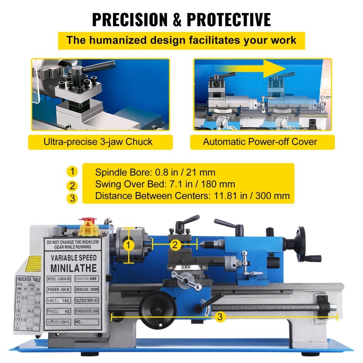 VEVOR Metal Lathe 7 x 12 Inch, Precision Mini Metal Lathe 2250 RPM 400W Variable Speed, Mini Lathe Precision Bench Top Metal Working Lathe for Various Types of Metal Turning - Image 9