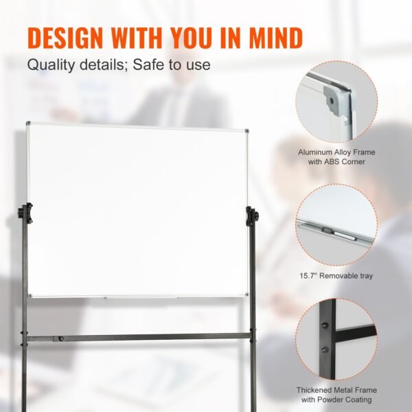 VEVOR Rolling Whiteboard, 48x32 inch Double-Sided Magnetic Mobile Whiteboard, 360° Reversible Adjustable Height Dry Erase Board with Wheels & Movable Tray for Office School