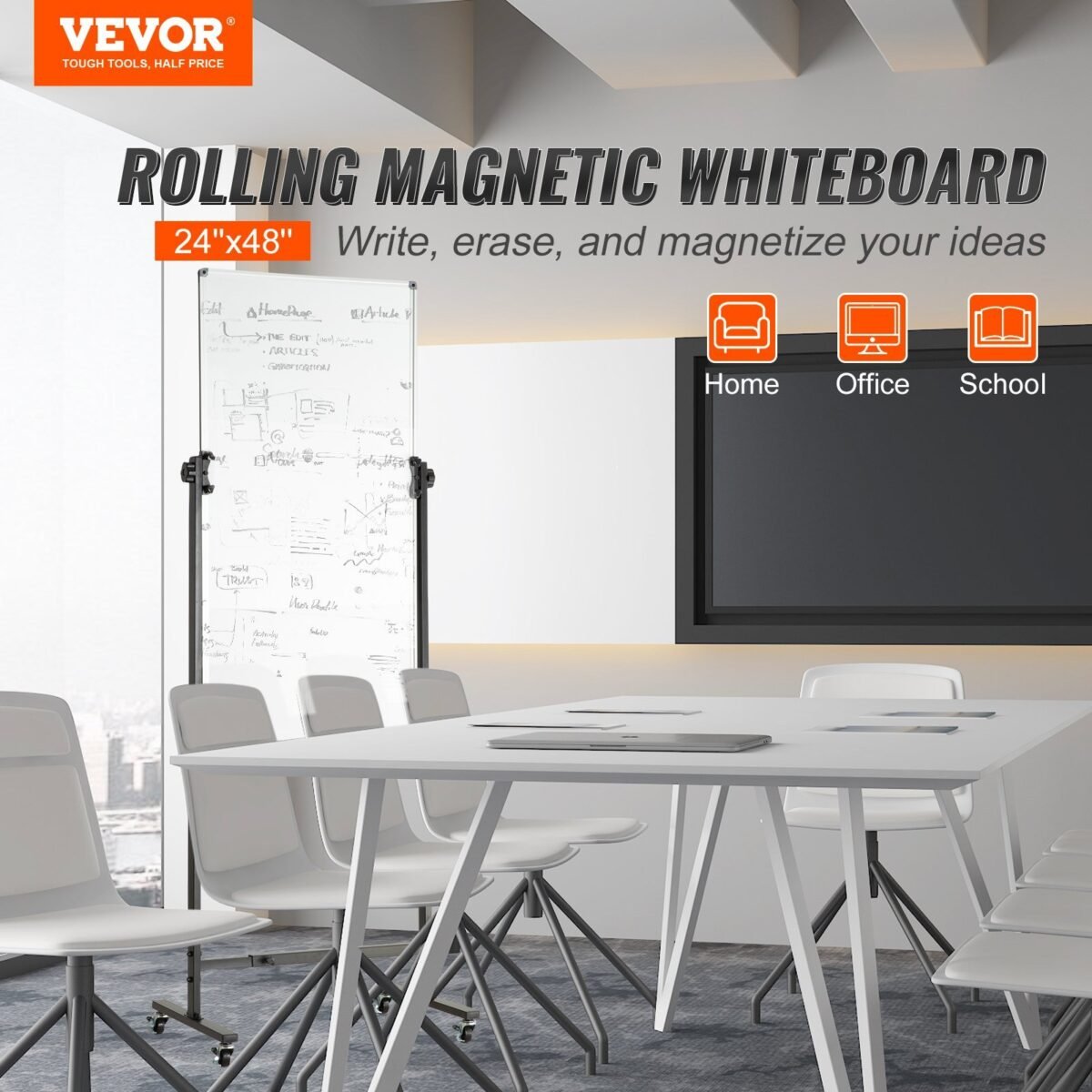 VEVOR Rolling Magnetic Whiteboard, Double-sided Mobile Whiteboard 24x48 Inches, Adjustable Height Dry Erase Board with Wheels, 1 Magnetic Erase & 3 Dry Erase Markers & Movable Tray for Office School - Image 12