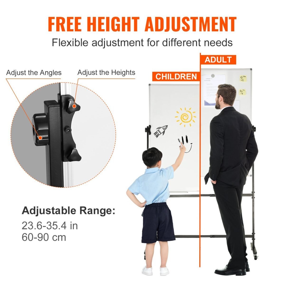 VEVOR Rolling Magnetic Whiteboard, Double-sided Mobile Whiteboard 24x48 Inches, Adjustable Height Dry Erase Board with Wheels, 1 Magnetic Erase & 3 Dry Erase Markers & Movable Tray for Office School - Image 9