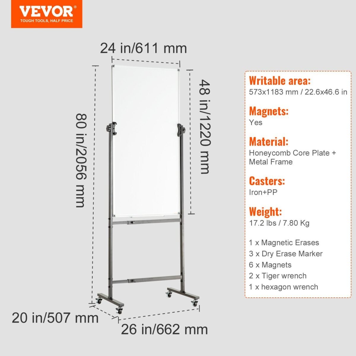 VEVOR Rolling Magnetic Whiteboard, Double-sided Mobile Whiteboard 24x48 Inches, Adjustable Height Dry Erase Board with Wheels, 1 Magnetic Erase & 3 Dry Erase Markers & Movable Tray for Office School - Image 7
