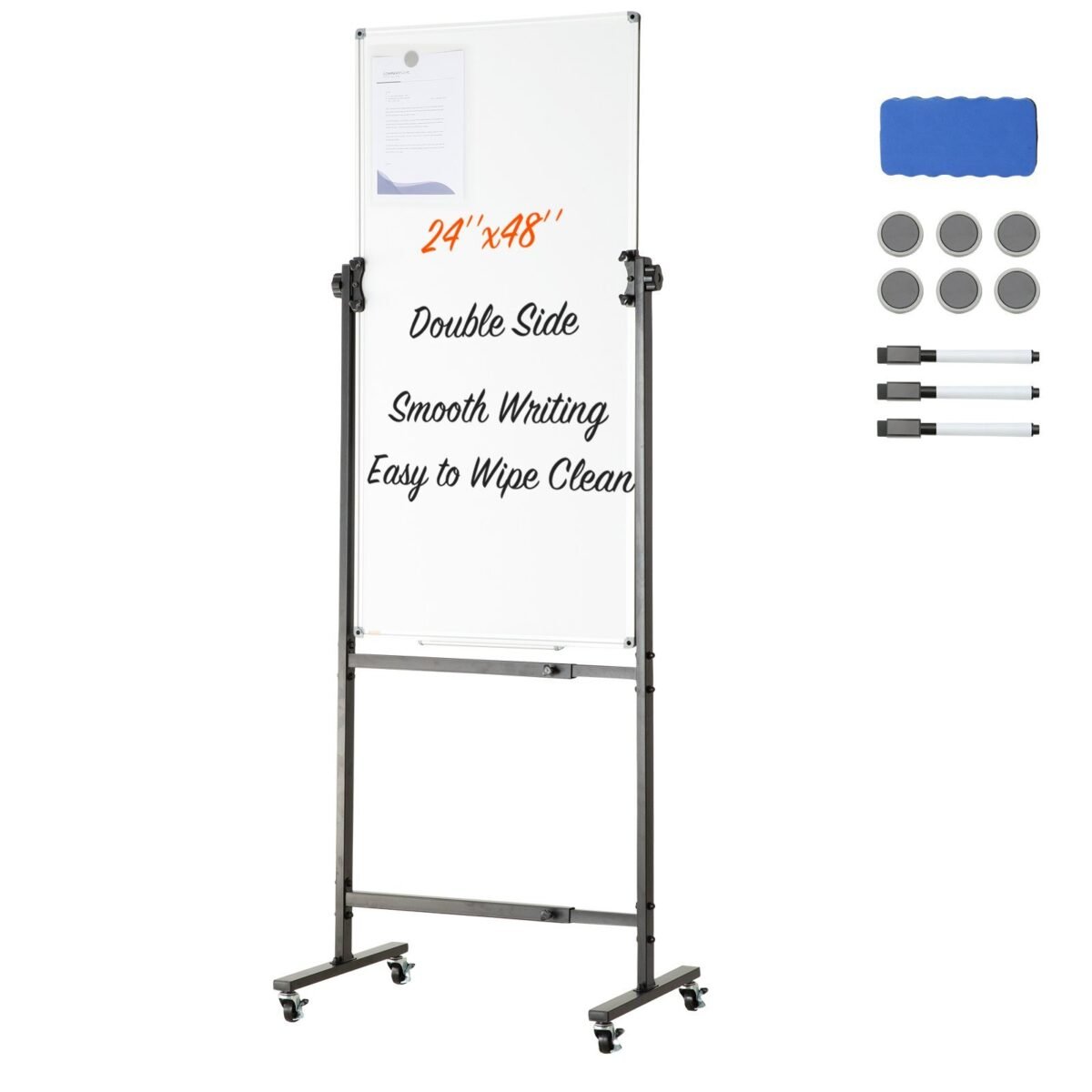 VEVOR Rolling Magnetic Whiteboard, Double-sided Mobile Whiteboard 24x48 Inches, Adjustable Height Dry Erase Board with Wheels, 1 Magnetic Erase & 3 Dry Erase Markers & Movable Tray for Office School - Image 1