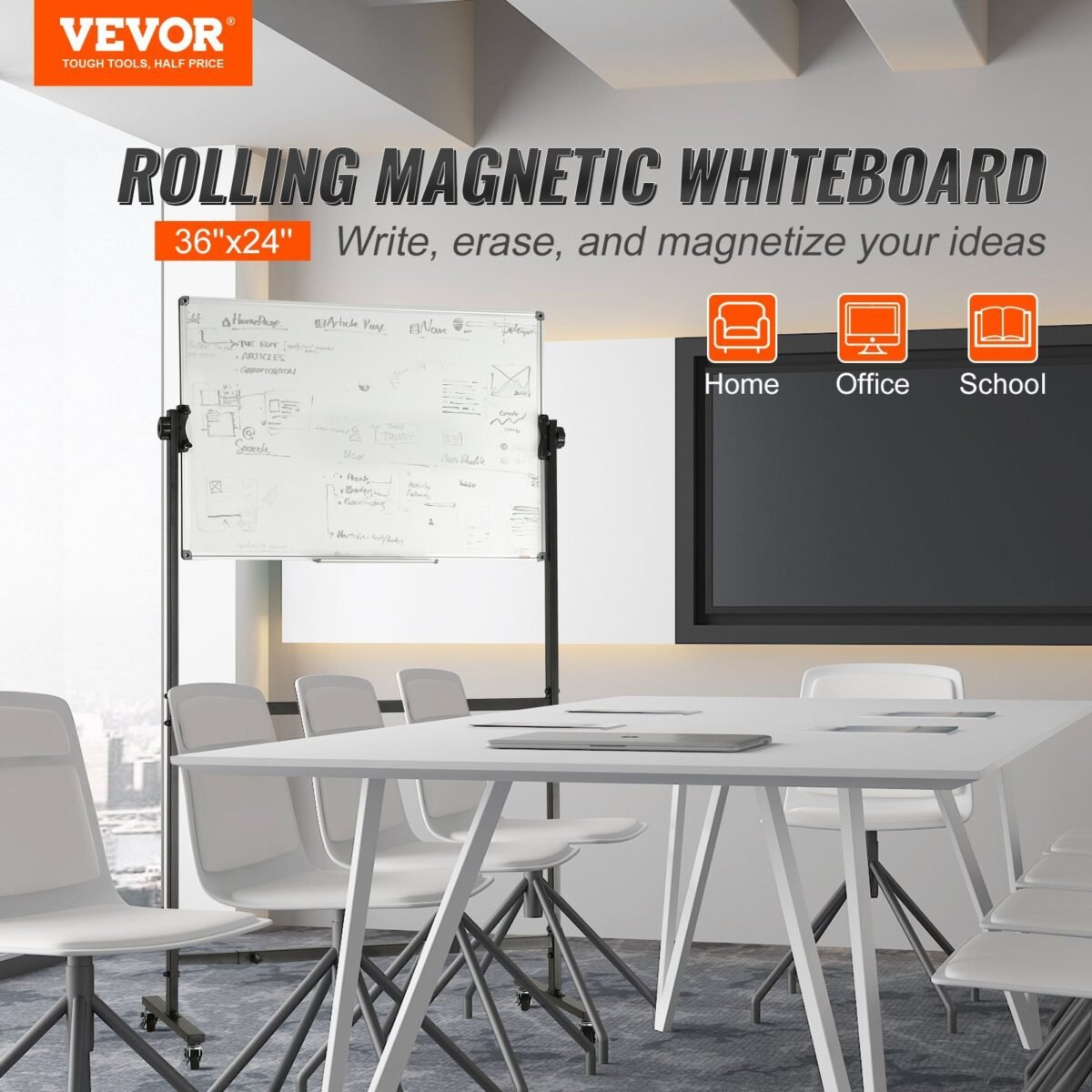 VEVOR Rolling Magnetic Whiteboard, Double-sided Mobile Whiteboard 36x24 Inches, Adjustable Height Dry Erase Board with Wheels, 1 Magnetic Erase & 3 Dry Erase Markers & Movable Tray Office, School - Image 12