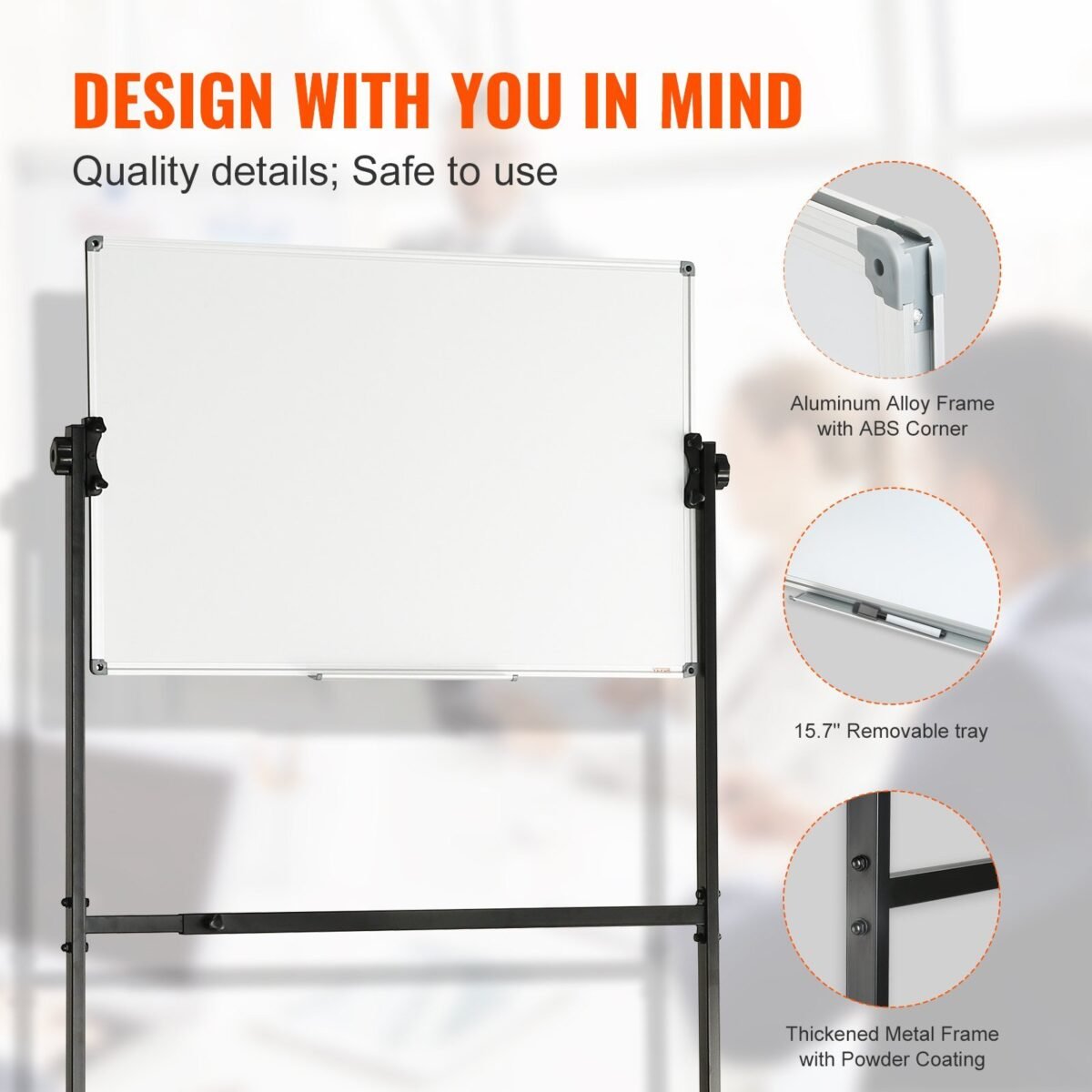 VEVOR Rolling Magnetic Whiteboard, Double-sided Mobile Whiteboard 36x24 Inches, Adjustable Height Dry Erase Board with Wheels, 1 Magnetic Erase & 3 Dry Erase Markers & Movable Tray Office, School - Image 8