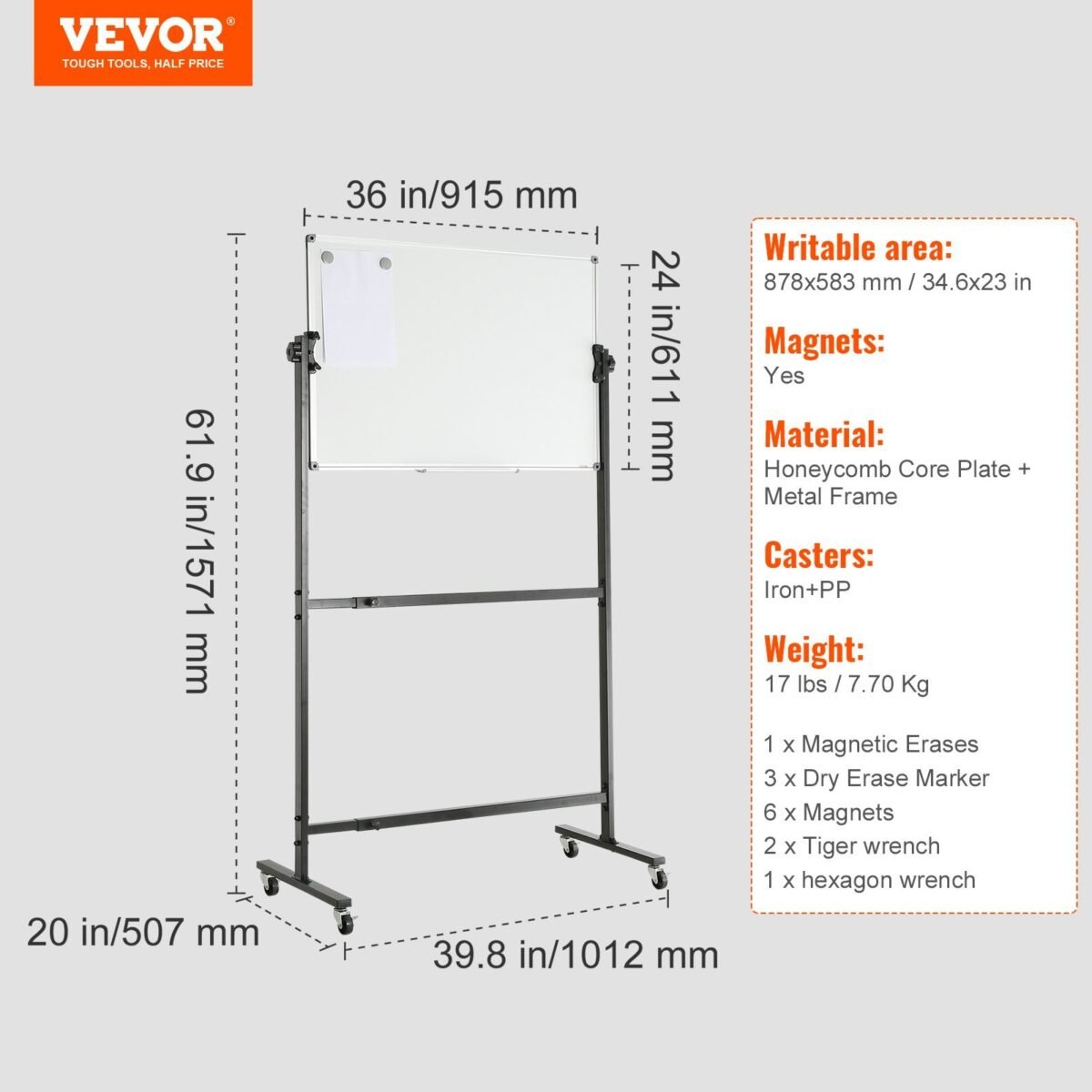 VEVOR Rolling Magnetic Whiteboard, Double-sided Mobile Whiteboard 36x24 Inches, Adjustable Height Dry Erase Board with Wheels, 1 Magnetic Erase & 3 Dry Erase Markers & Movable Tray Office, School - Image 7