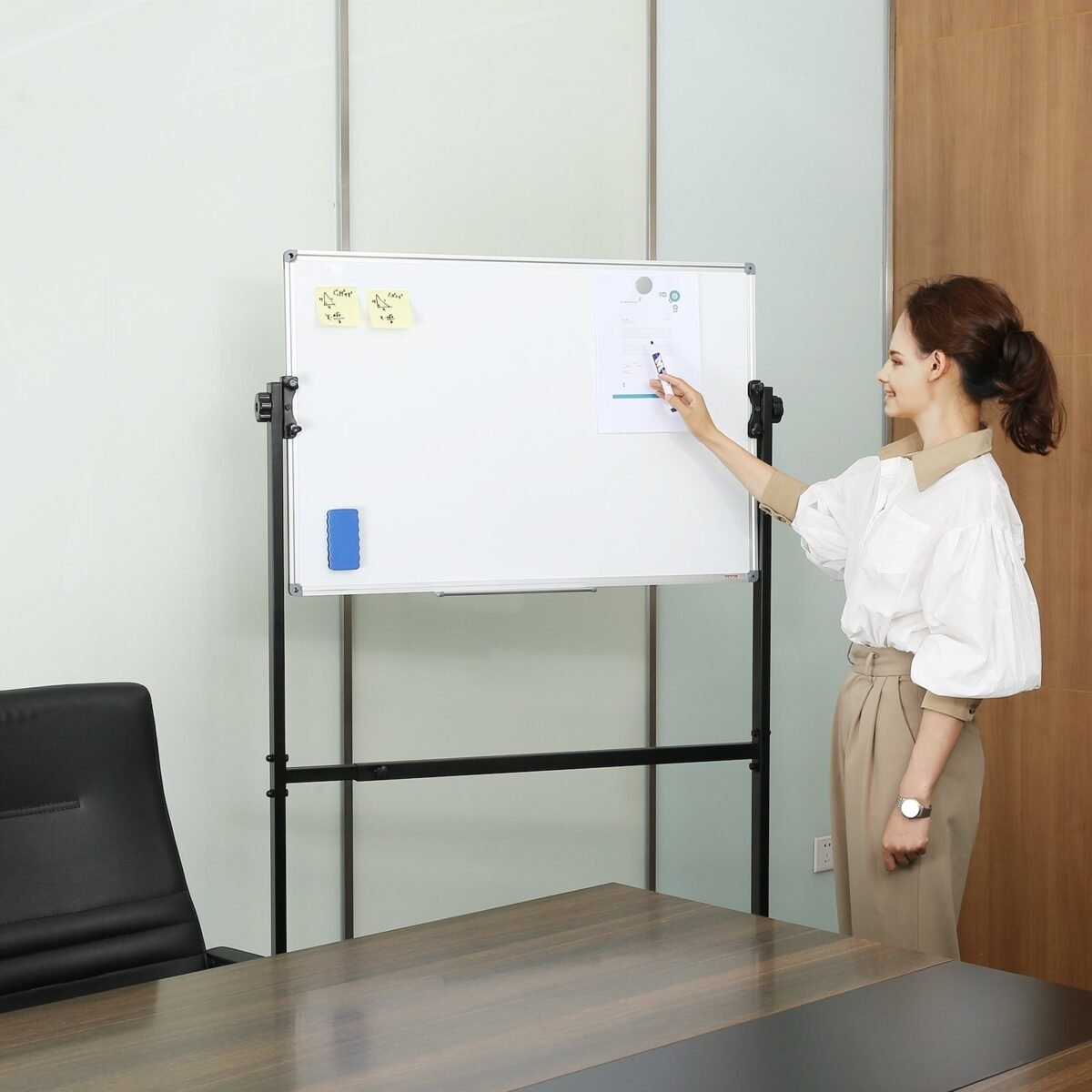 VEVOR Rolling Magnetic Whiteboard, Double-sided Mobile Whiteboard 36x24 Inches, Adjustable Height Dry Erase Board with Wheels, 1 Magnetic Erase & 3 Dry Erase Markers & Movable Tray Office, School - Image 6