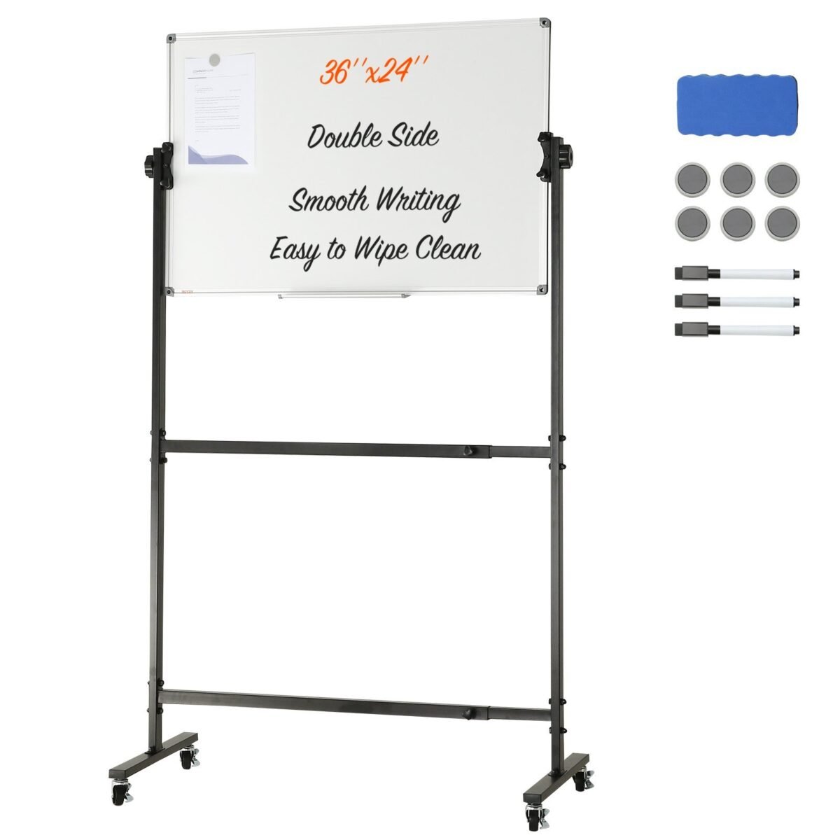 VEVOR Rolling Magnetic Whiteboard, Double-sided Mobile Whiteboard 36x24 Inches, Adjustable Height Dry Erase Board with Wheels, 1 Magnetic Erase & 3 Dry Erase Markers & Movable Tray Office, School - Image 1