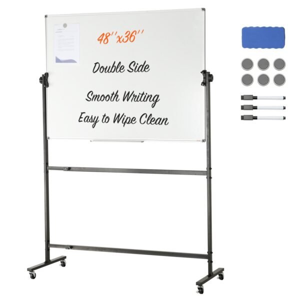 VEVOR Rolling Magnetic Whiteboard, Double-sided Mobile Whiteboard 48x36 Inches, Adjustable Height Dry Erase Board with Wheels, 1 Magnetic Erase & 3 Dry Erase Markers & Movable Tray for Office School
