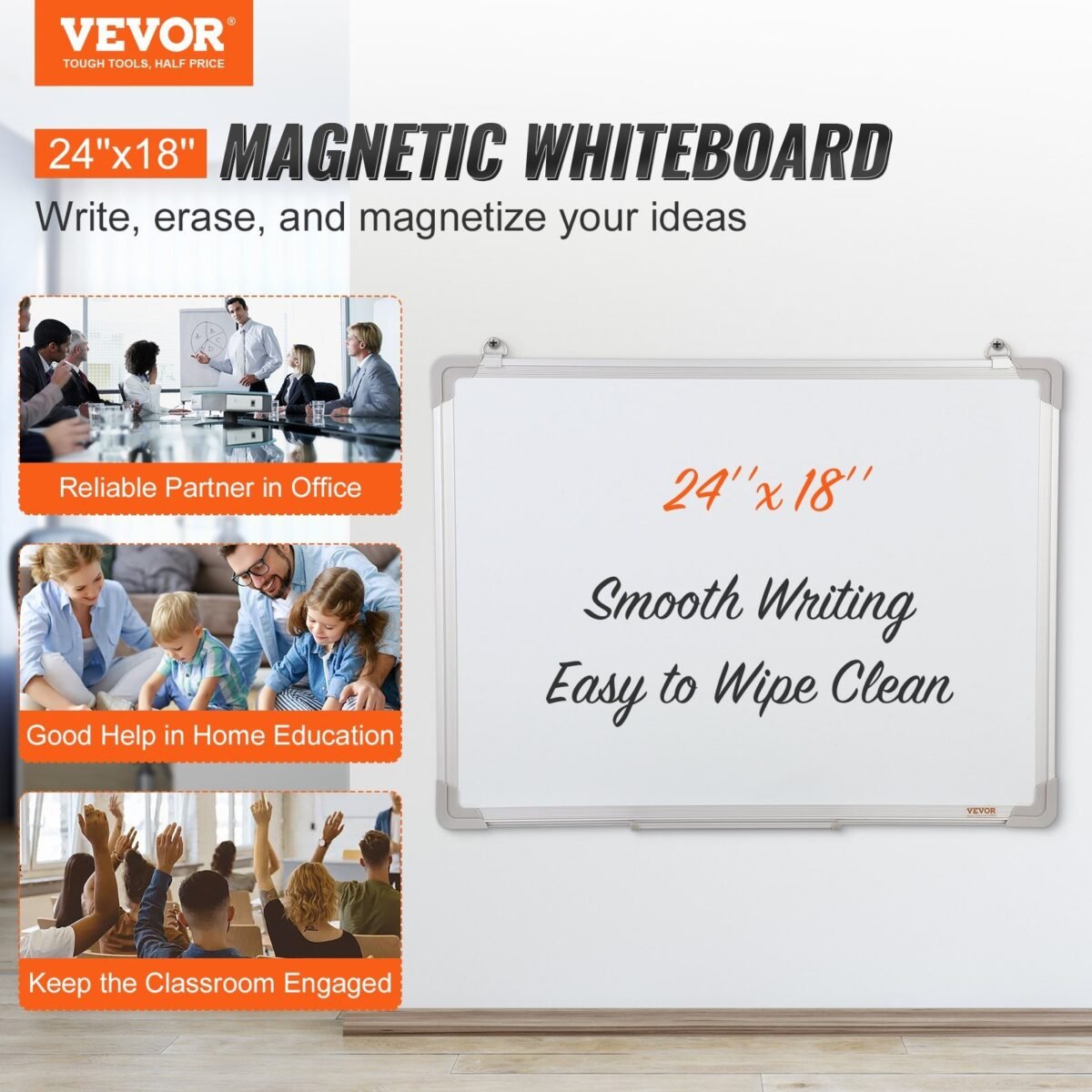 VEVOR Magnetic Whiteboard, 24 x 18 Inches, Dry Erase Board for Wall with Aluminum Frame, White Board Includes 1 Magnetic Erase & 2 Dry Erase Marker & Movable Tray for Office Home Restaurant and School - Image 12