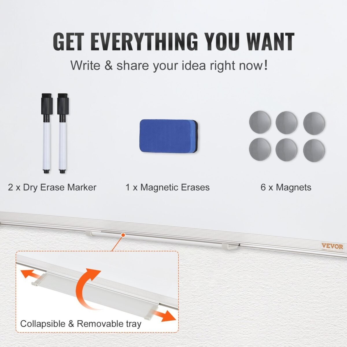 VEVOR Magnetic Whiteboard, 24 x 18 Inches, Dry Erase Board for Wall with Aluminum Frame, White Board Includes 1 Magnetic Erase & 2 Dry Erase Marker & Movable Tray for Office Home Restaurant and School - Image 9