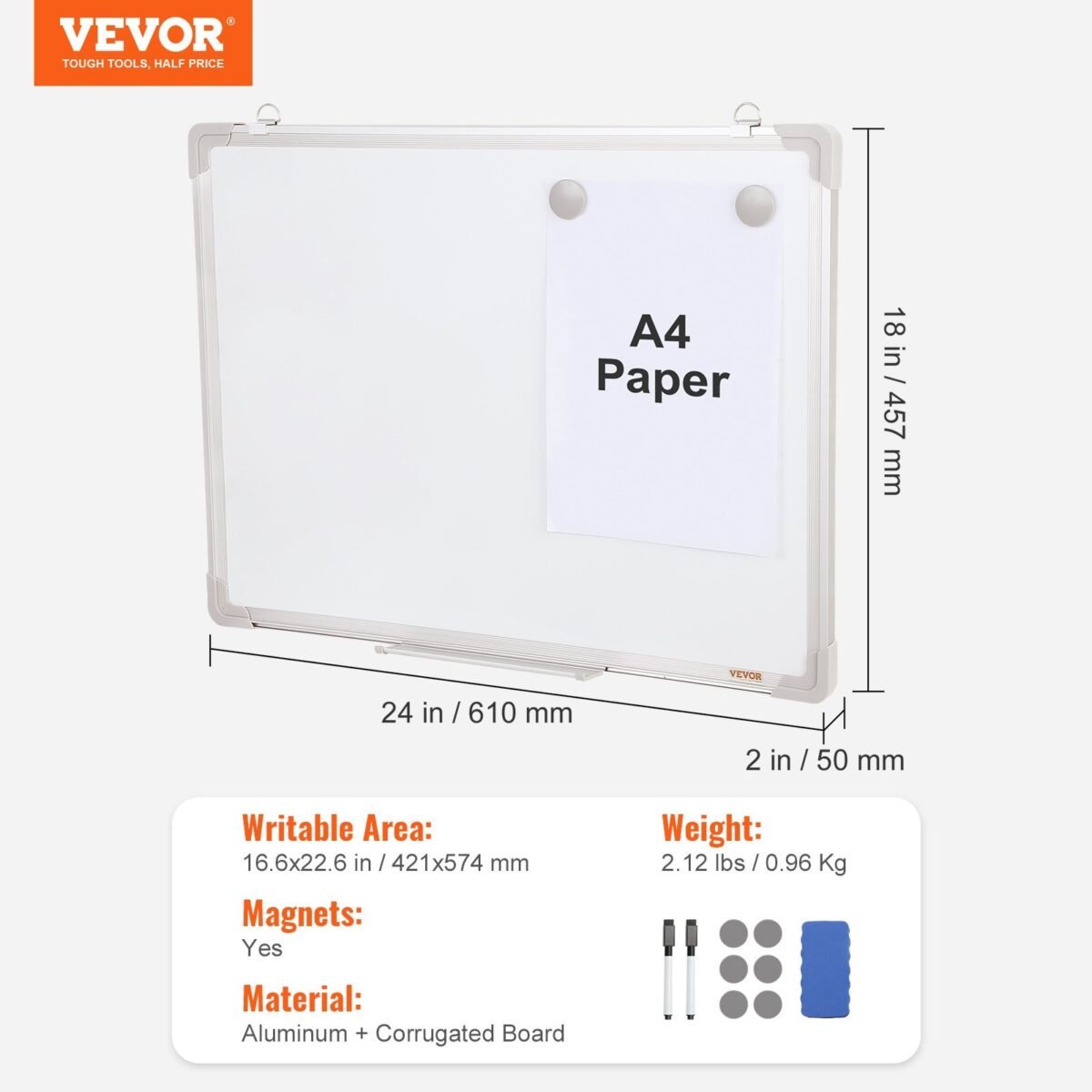 VEVOR Magnetic Whiteboard, 24 x 18 Inches, Dry Erase Board for Wall with Aluminum Frame, White Board Includes 1 Magnetic Erase & 2 Dry Erase Marker & Movable Tray for Office Home Restaurant and School - Image 7