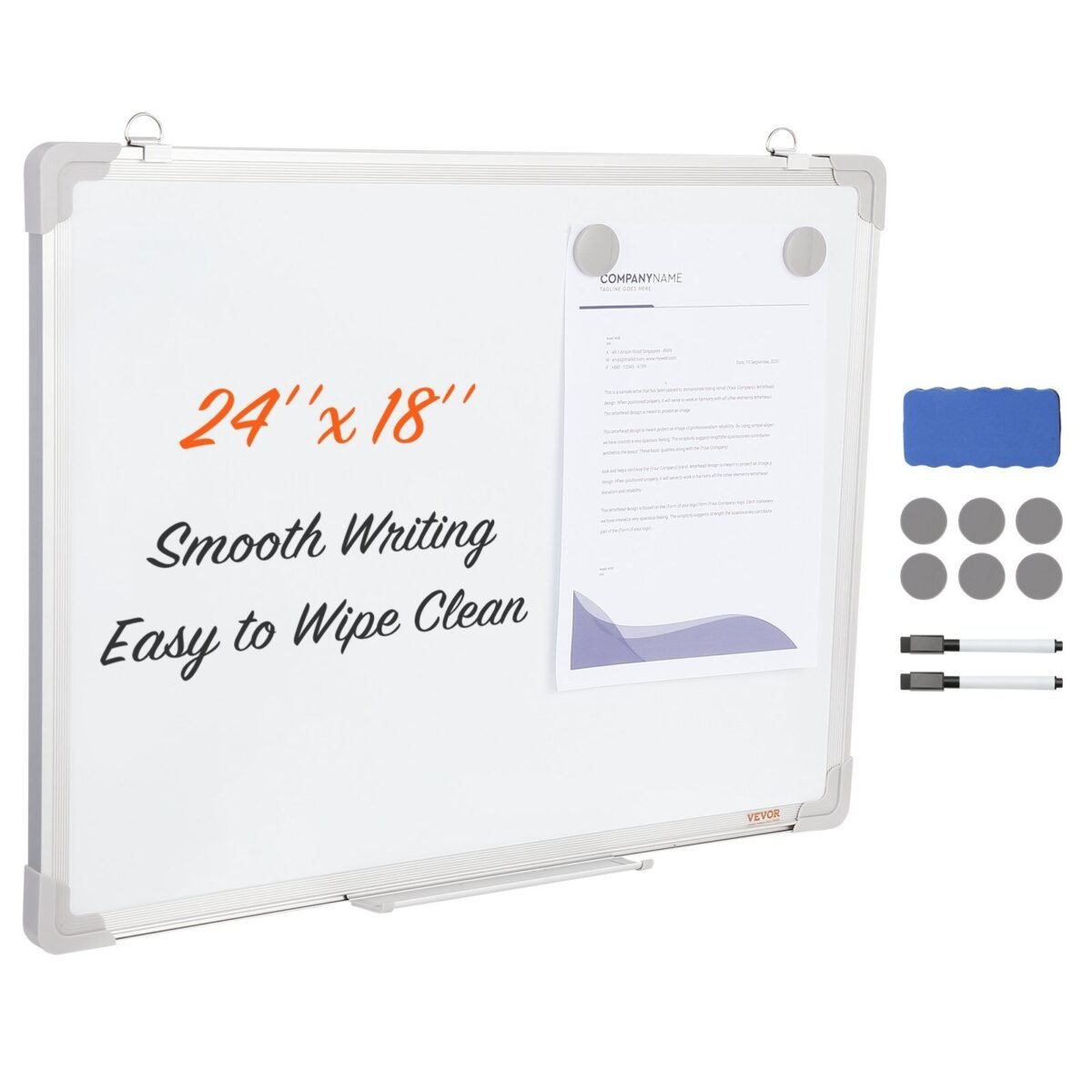 VEVOR Magnetic Whiteboard, 24 x 18 Inches, Dry Erase Board for Wall with Aluminum Frame, White Board Includes 1 Magnetic Erase & 2 Dry Erase Marker & Movable Tray for Office Home Restaurant and School - Image 1