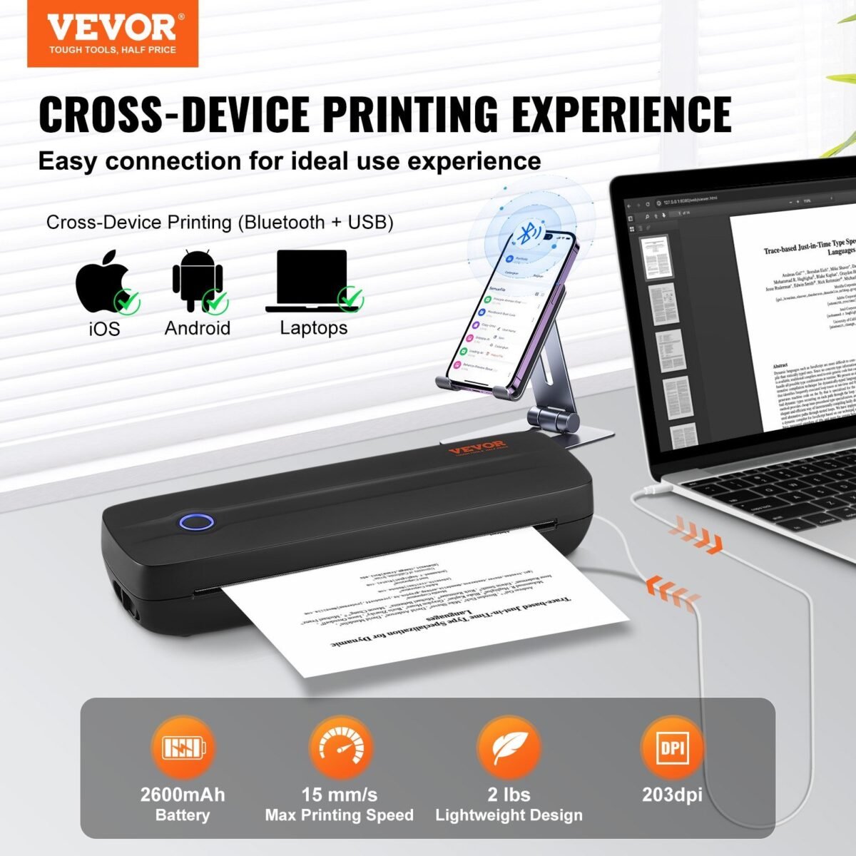 VEVOR Y8 Portable Printer - 2600mAh Battery, 203 DPI, Bluetooth Inkless Mobile Printer for A4, A5 & 8.5" x 11" Thermal Paper, Compatible with iOS, Android & Laptop, Ideal for Travel, Office & Home Use - Image 6
