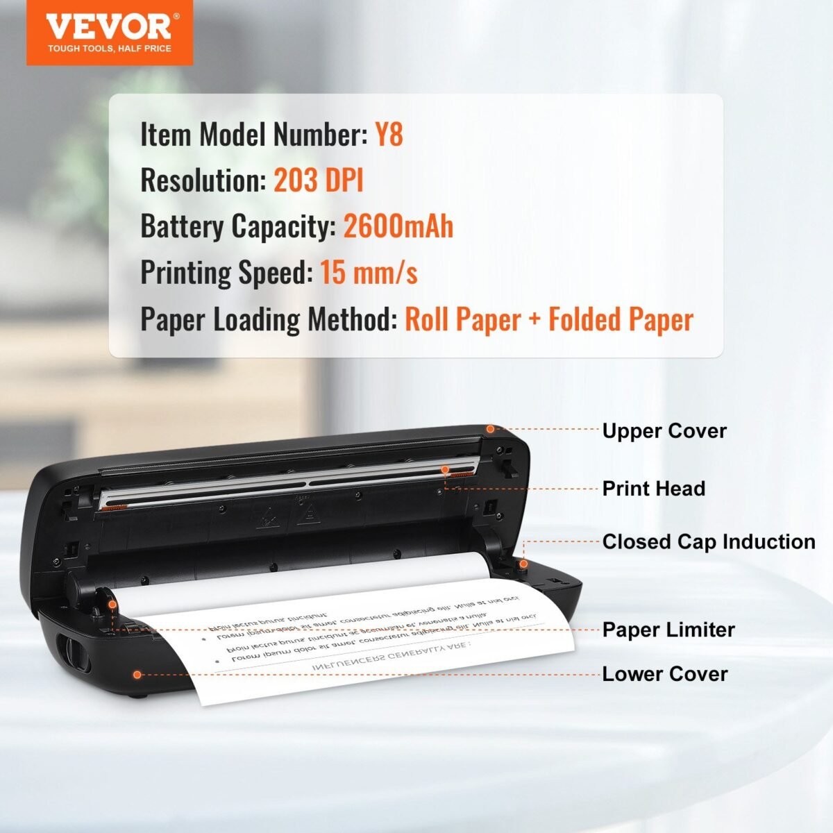VEVOR Y8 Portable Printer - 2600mAh Battery, 203 DPI, Bluetooth Inkless Mobile Printer for A4, A5 & 8.5" x 11" Thermal Paper, Compatible with iOS, Android & Laptop, Ideal for Travel, Office & Home Use - Image 11
