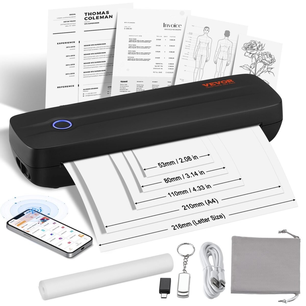 VEVOR Y8 Portable Printer - 2600mAh Battery, 203 DPI, Bluetooth Inkless Mobile Printer for A4, A5 & 8.5" x 11" Thermal Paper, Compatible with iOS, Android & Laptop, Ideal for Travel, Office & Home Use - Image 12