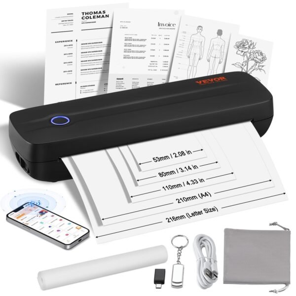 VEVOR Y8 Pro Portable Thermal Printer - 2600mAh Battery, 300 DPI, Bluetooth Inkless Mobile Printer for A4, A5 & 8.5" x 11" Thermal Paper, Compatible with iOS, Android & Laptop, for Travel, Office & Home Use