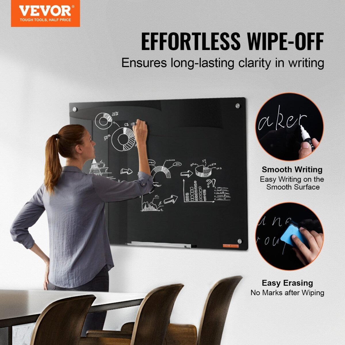 VEVOR GB-2436-MB Magnetic Glass Whiteboard, Dry Erase Board 36"x24", Wall-Mounted Large White Glassboard Frameless, with Marker Tray, an Eraser and 2 Markers, Black - Image 10