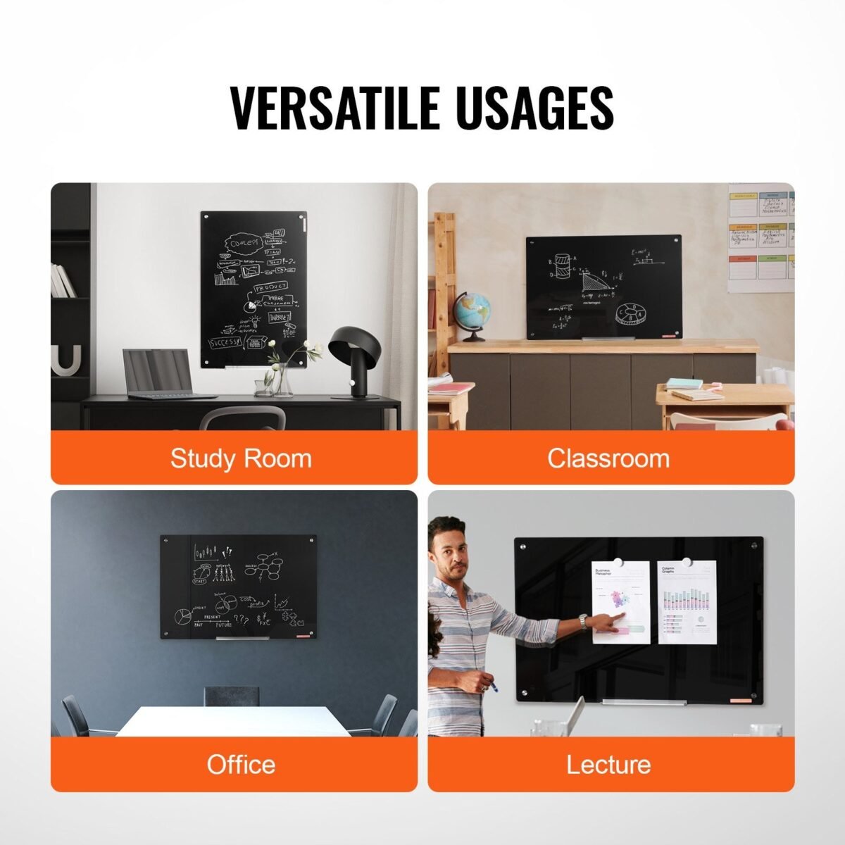 VEVOR GB-2436-MB Magnetic Glass Whiteboard, Dry Erase Board 36"x24", Wall-Mounted Large White Glassboard Frameless, with Marker Tray, an Eraser and 2 Markers, Black - Image 8
