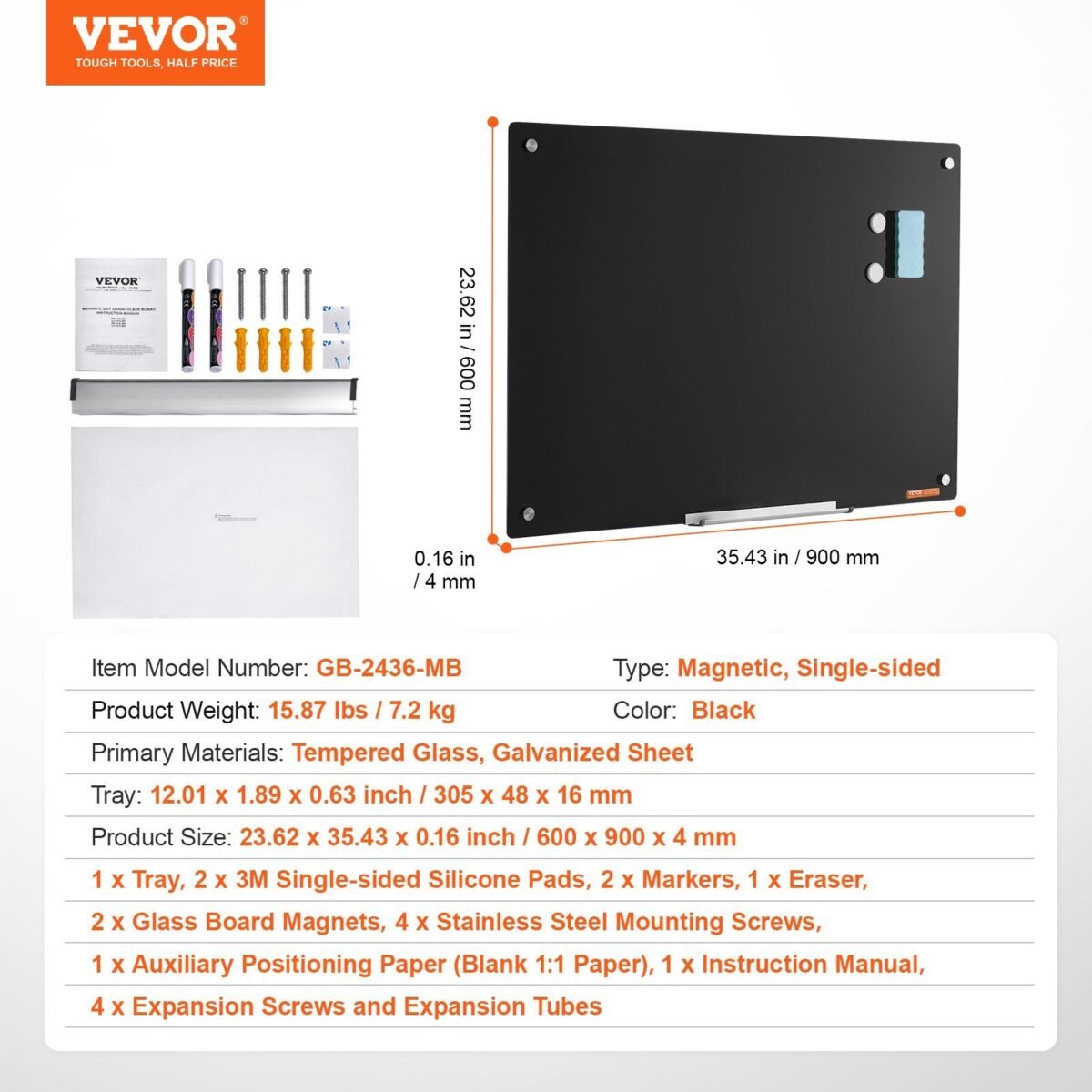 VEVOR GB-2436-MB Magnetic Glass Whiteboard, Dry Erase Board 36"x24", Wall-Mounted Large White Glassboard Frameless, with Marker Tray, an Eraser and 2 Markers, Black - Image 7