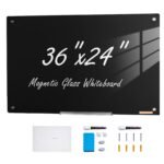 VEVOR GB-2436-MB Magnetic Glass Whiteboard, Dry Erase Board 36"x24", Wall-Mounted Large White Glassboard Frameless, with Marker Tray, an Eraser and 2 Markers, Black