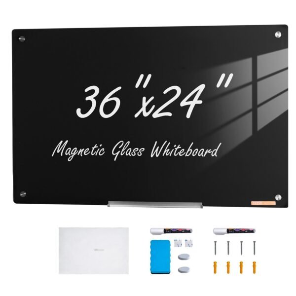 VEVOR GB-2436-MB Magnetic Glass Whiteboard, Dry Erase Board 36"x24", Wall-Mounted Large White Glassboard Frameless, with Marker Tray, an Eraser and 2 Markers, Black