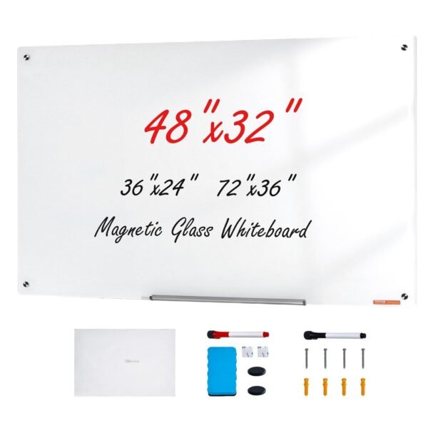VEVOR GB-3248-MW Magnetic Glass Whiteboard, Dry Erase Board 48"x32", Wall-Mounted Large White Glassboard Frameless, with Marker Tray, an Eraser and 2 Markers, White