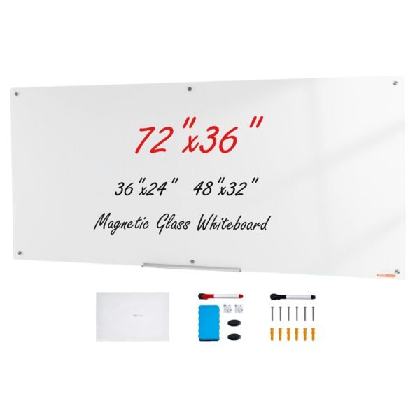 VEVOR GB-3672-MW Magnetic Glass Whiteboard, Dry Erase Board 72"x36", Wall-Mounted Large White Glassboard Frameless, with Marker Tray, an Eraser and 2 Markers, White
