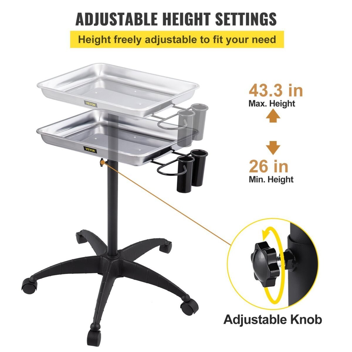 VEVOR KMS-611 Mayo Stand Medical Tray, Height Adjustable Stainless Steel Salon Tray Easy Assemble Tattoo Cart Lab Tray with 2 Cups & 1 Metal Ring for SPA Clinic Personal Care Lab Hospital Dentistry, Silver - Image 10