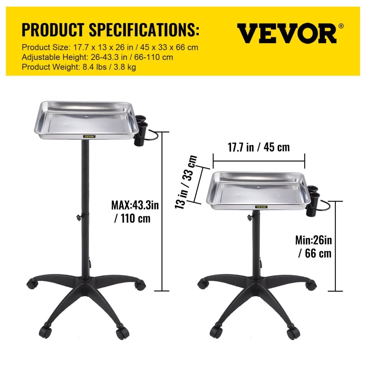 VEVOR KMS-611 Mayo Stand Medical Tray, Height Adjustable Stainless Steel Salon Tray Easy Assemble Tattoo Cart Lab Tray with 2 Cups & 1 Metal Ring for SPA Clinic Personal Care Lab Hospital Dentistry, Silver - Image 7