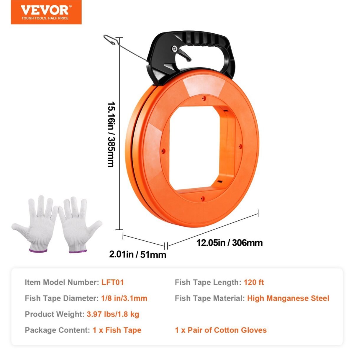 VEVOR LFT01 Fish Tape Wire Cable Line Puller 120ft 1/8 in - Image 7