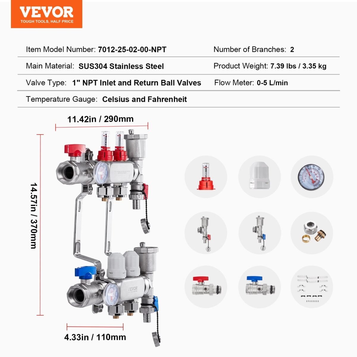 VEVOR 7012-25-02-00-NPT 2-Branch Radiant Heat Manifold - Image 7