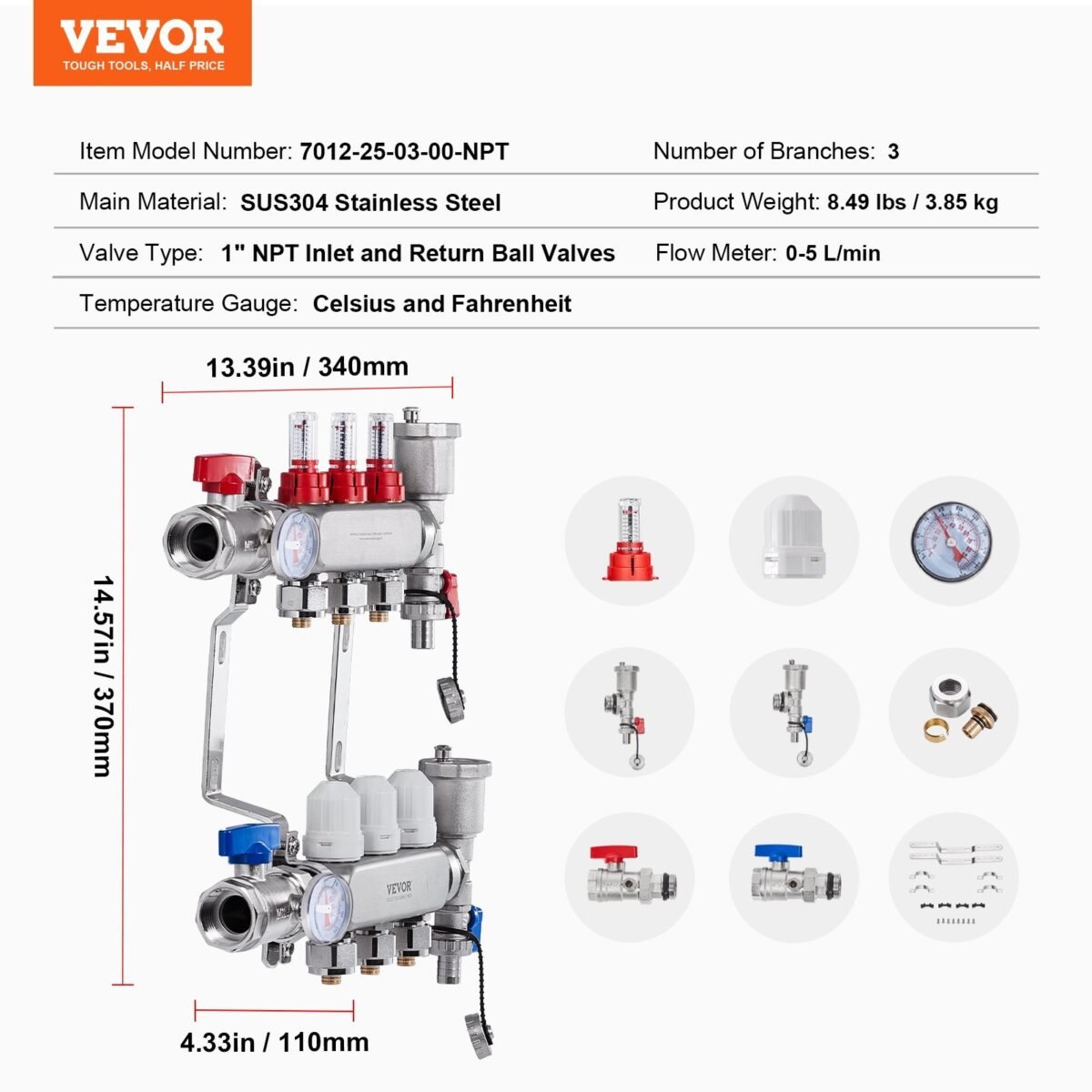 VEVOR 7012-25-03-00-NPT 3-Branch Radiant Heat Manifold - Image 7