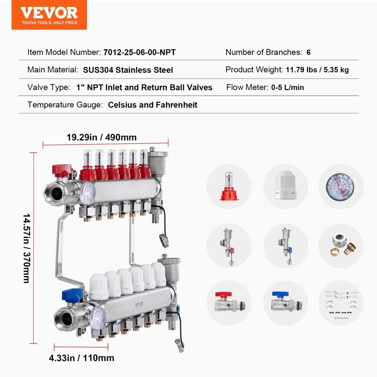 VEVOR 7012-25-06-00-NPT 6-Branch Radiant Heat Manifold - Image 7