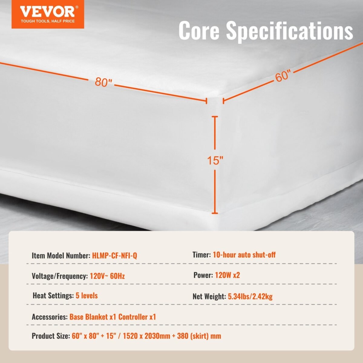 VEVOR HLMP-CF-NFI-Q Heated Mattress Pad 60x80 - Image 7