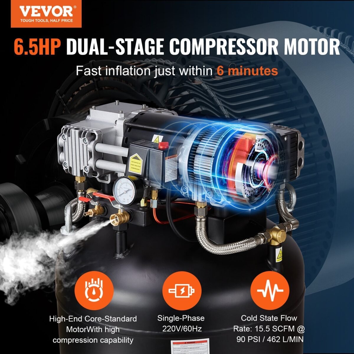 VEVOR FB3500-10A300-1P 80 Gallon Air Compressor 6.5HP 15.5 SCFM@90 PSI 2-Stage 145PSI Oil Free - Image 12