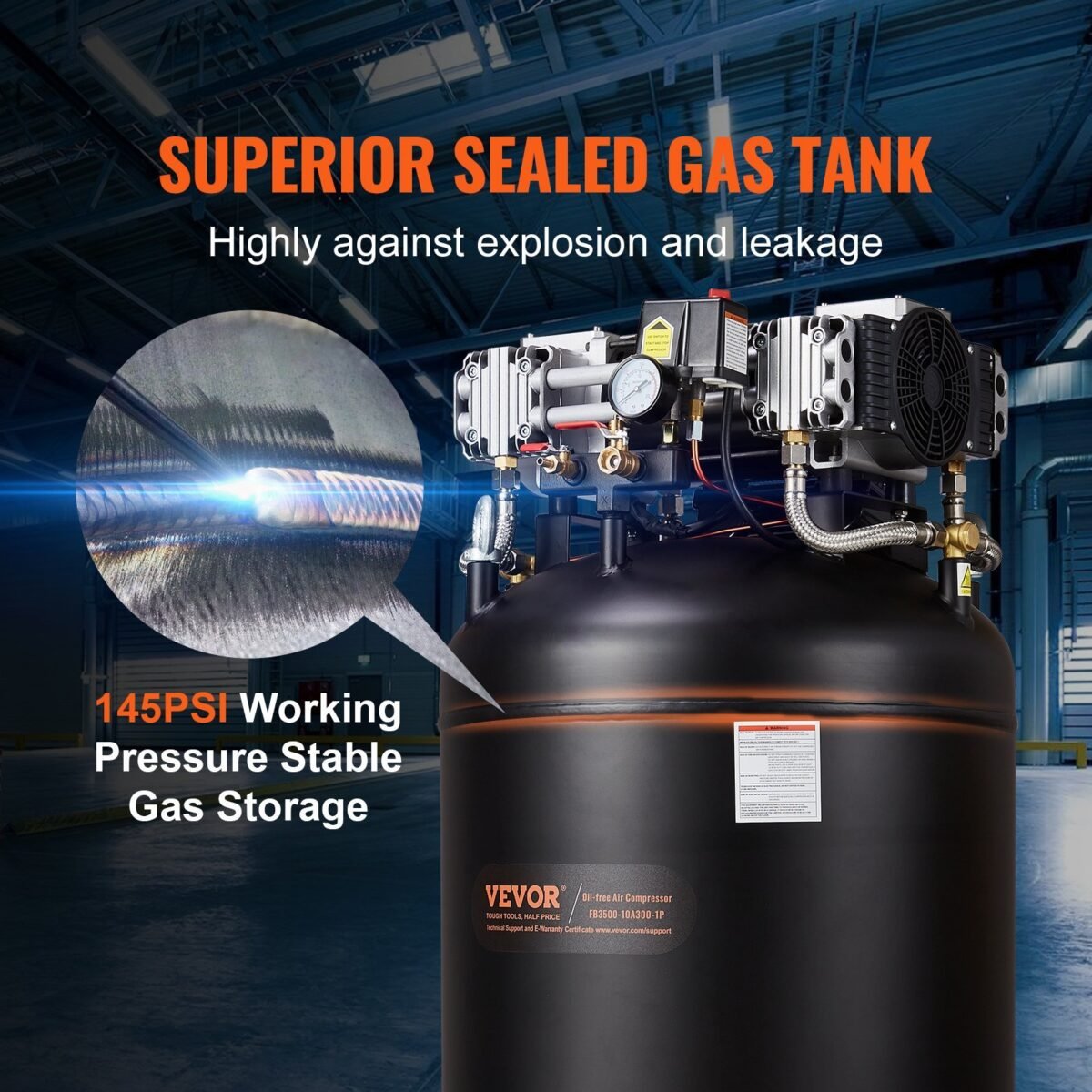 VEVOR FB3500-10A300-1P 80 Gallon Air Compressor 6.5HP 15.5 SCFM@90 PSI 2-Stage 145PSI Oil Free - Image 11