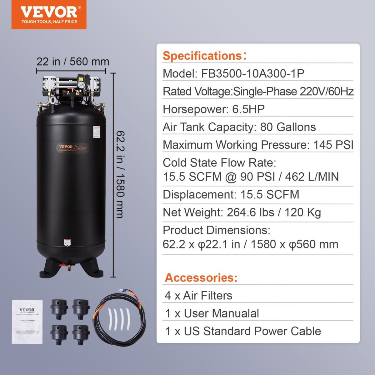 VEVOR FB3500-10A300-1P 80 Gallon Air Compressor 6.5HP 15.5 SCFM@90 PSI 2-Stage 145PSI Oil Free - Image 7