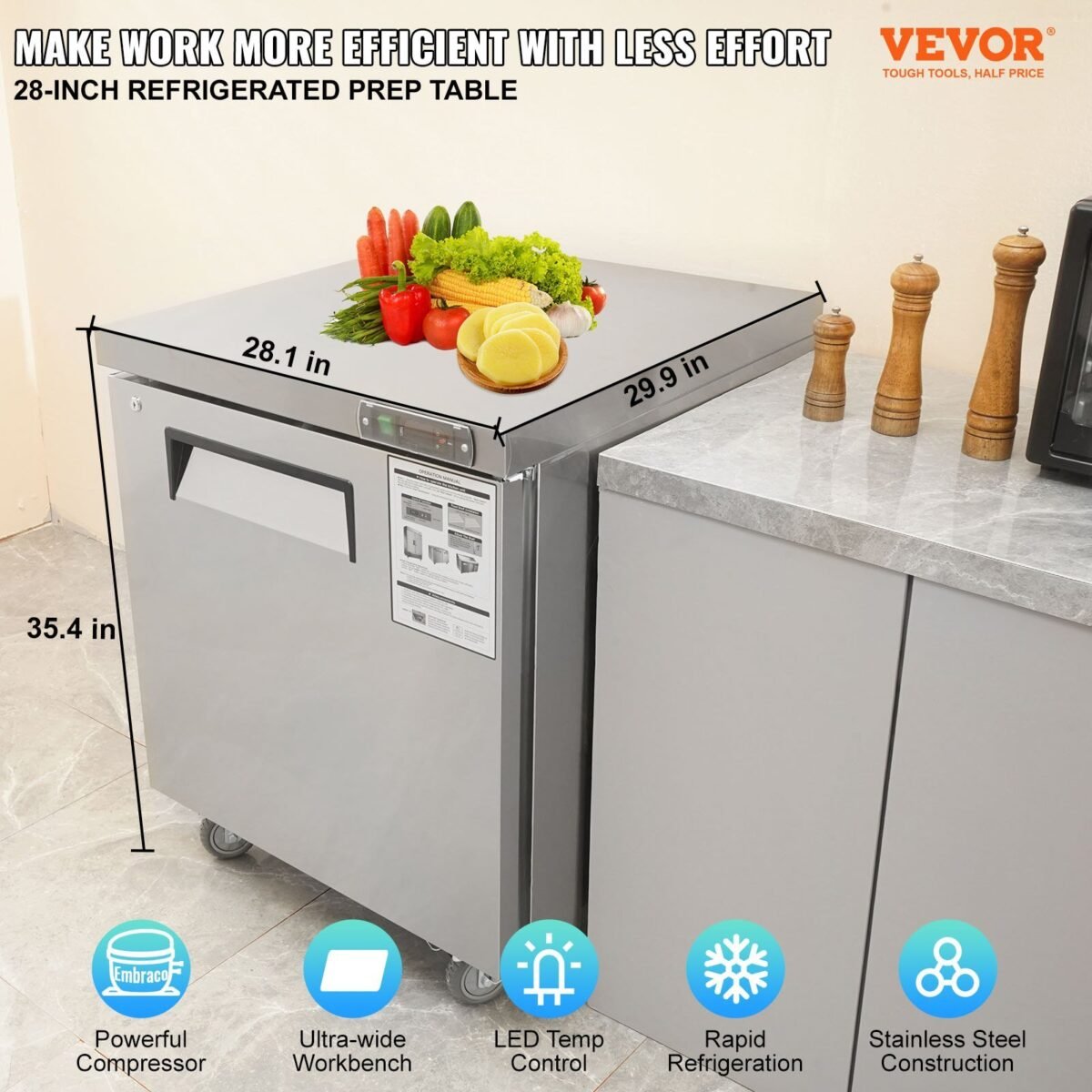 VEVOR KTR-27B Commercial Undercounter Worktop Refrigerator Refrigerator, 28" - Image 12