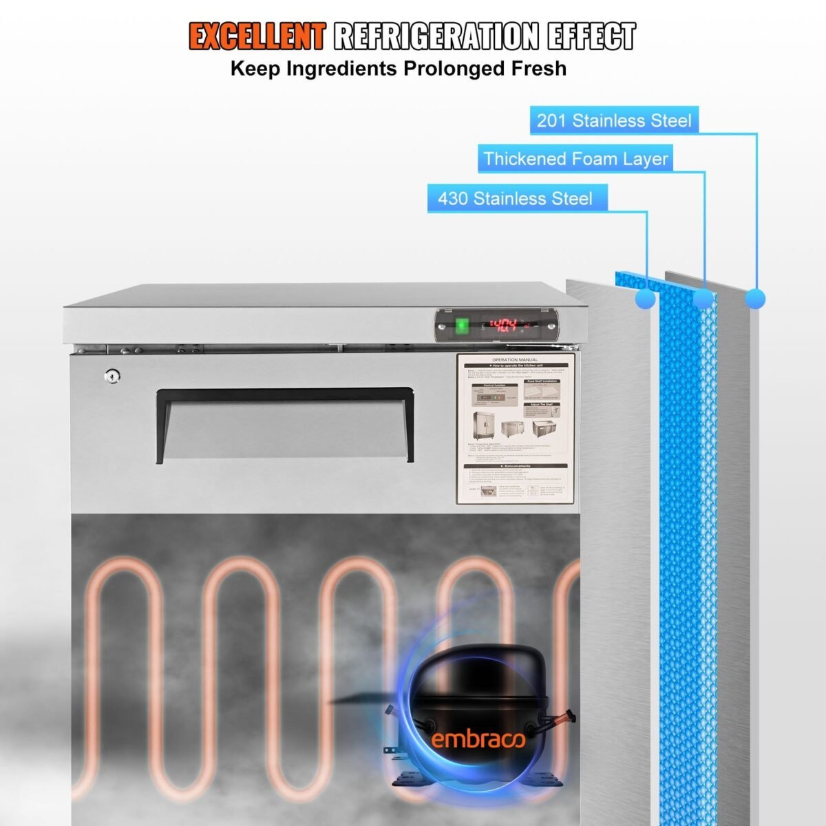 VEVOR KTR-27B Commercial Undercounter Worktop Refrigerator Refrigerator, 28" - Image 10