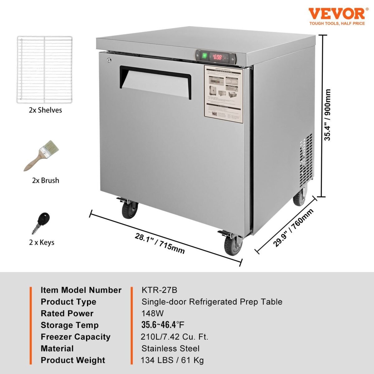 VEVOR KTR-27B Commercial Undercounter Worktop Refrigerator Refrigerator, 28" - Image 7