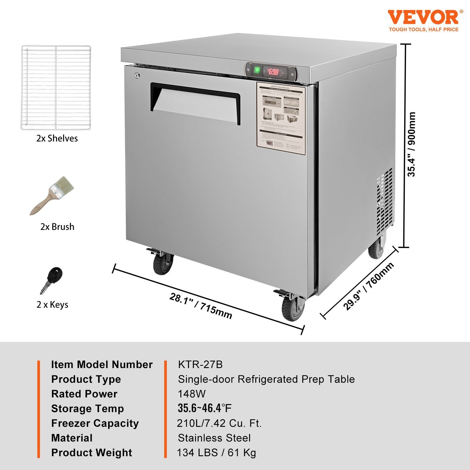 us_F74CUFT28INCH3LULV1_original_img-v1_sandwich-prep-table-f6.jpg VEVOR KTR-27B Commercial Undercounter Worktop Refrigerator Refrigerator, 28" - Image 7