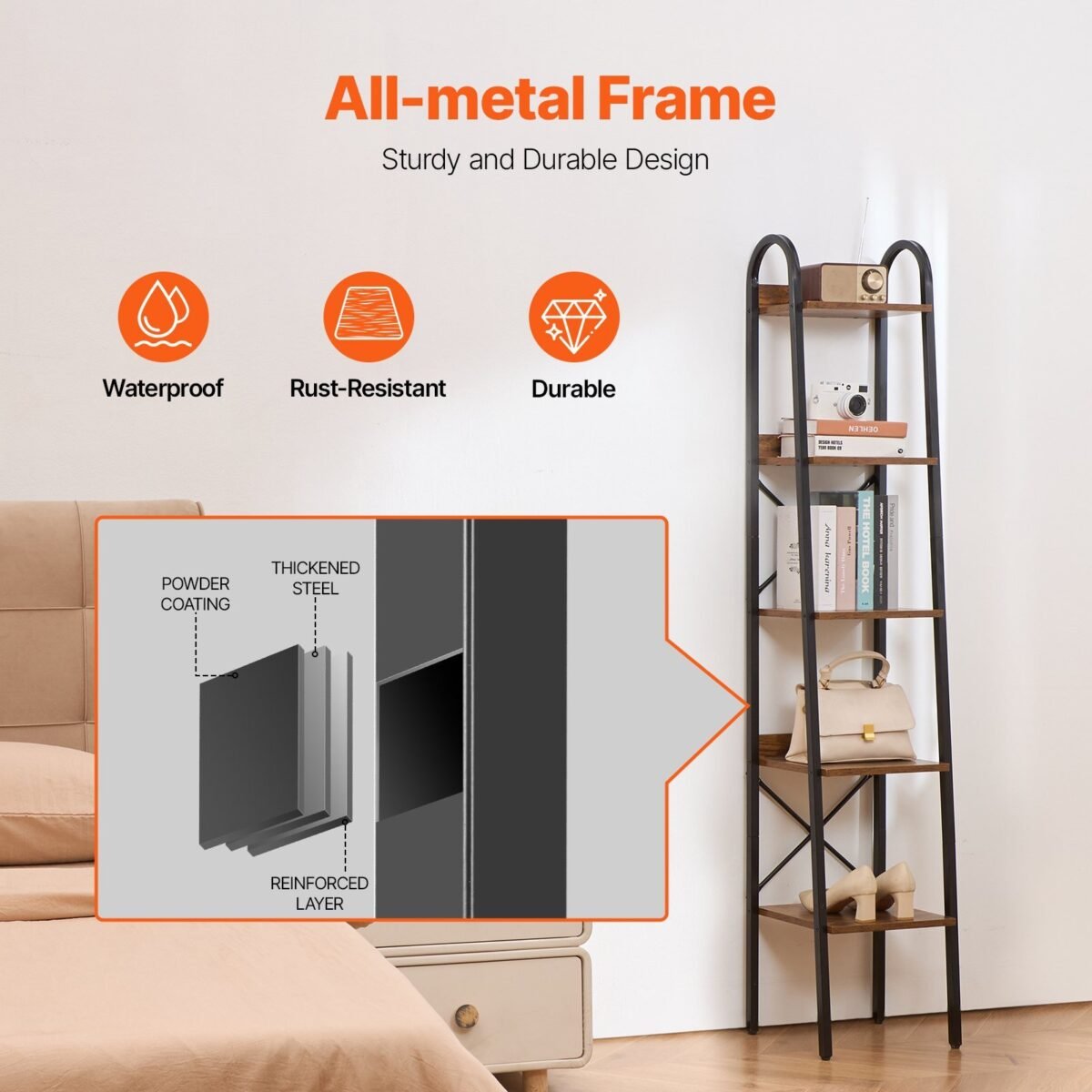 VEVOR YJX-BS002 Metal Bookshelf Rustic Bookshelf 5-Tier - Image 10