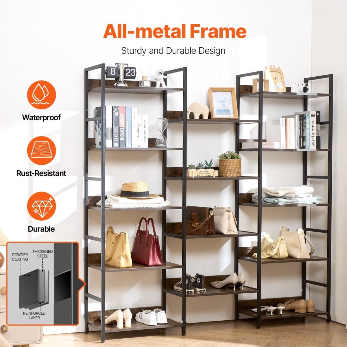VEVOR C240729W-05 Metal Bookshelf Rustic Bookshelf 14-Tier - Image 10