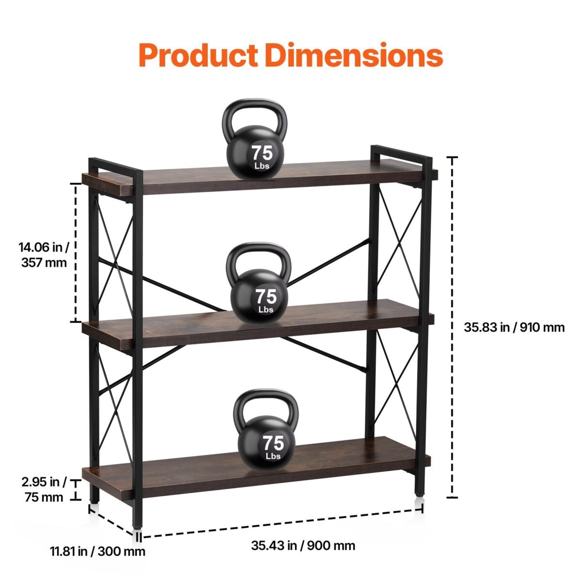 VEVOR C240729W-02 Metal Bookshelf Rustic Bookshelf 3-Tier - Image 12