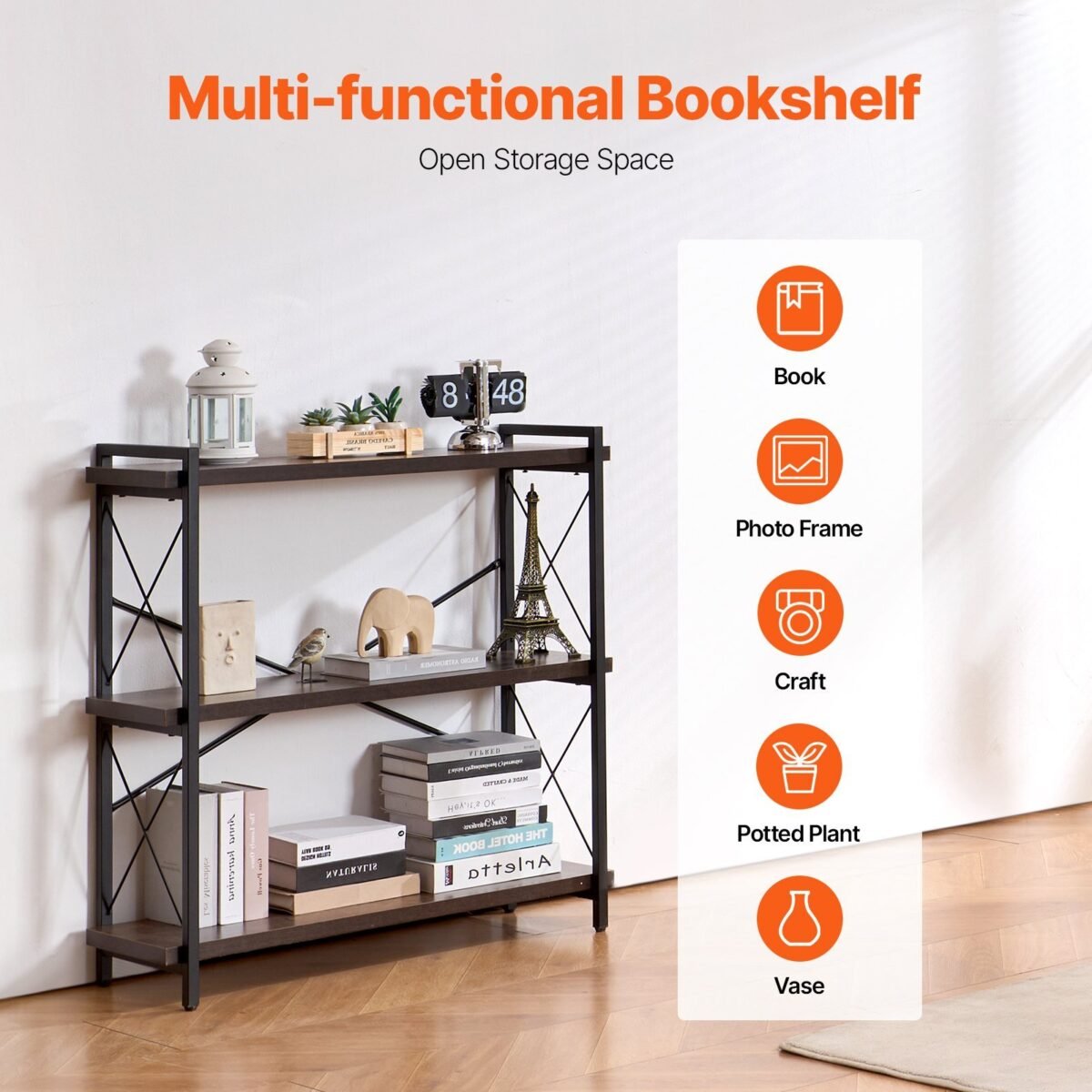 VEVOR C240729W-02 Metal Bookshelf Rustic Bookshelf 3-Tier - Image 11